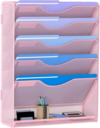 Miniatura 22 de Gawerk Organizador de archivos colgante de 6 niveles, soporte de malla para archivos de pared, estante para carpetas de papel con bandeja plana Negro