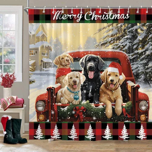 Miniatura 2 de Cortina de ducha de perros de Navidad, animales de granja, camión rojo, transportando lindos cachorros, familia, invierno, paisaje, nieve, Navidad