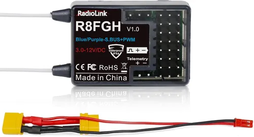 Radiolink R8FGH 2.4Ghz 8 canales Gyro receptor con telemetría de voltaje hasta 14s/58.8V, latencia 3ms, RX impermeable para RC Crawler Car Boat