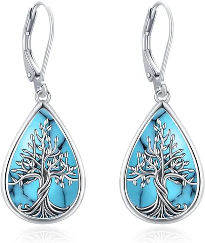 Miniatura 131 de Aretes colgantes de plata de ley con diseño de árbol de la vida, flor, abeja, animales, gato, colibrí, piedra lunar, turquesa, aretes con cierre