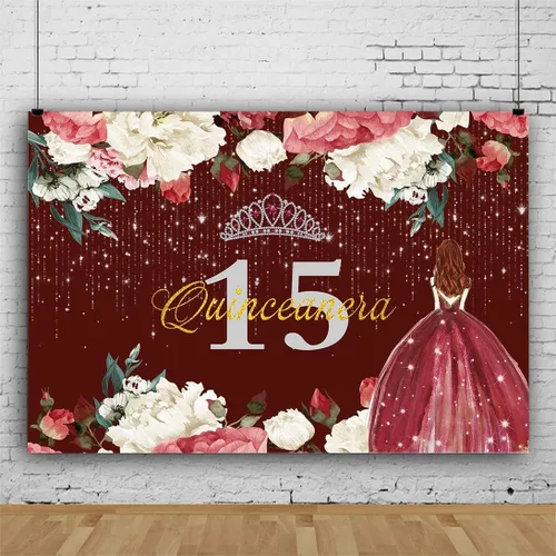 Telón de fondo de feliz cumpleaños 15 para niña, quinceañera, 5 x 3 pies, corona de flores rojas burdeos, corona, princesa, decoración de fiesta de