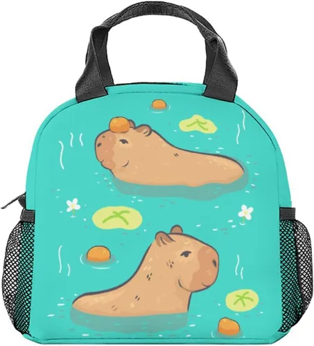 Miniatura 11 de Lonchera para niñas y niños, reutilizable, plegable, aislada, con asa, pequeña, azul, con estampado de animales, ideal para la escuela, picnic
