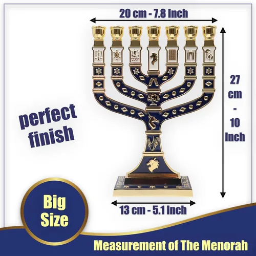 Miniatura 2 de Menorá de Esmalte Azul de Jerusalén de 7 Ramas, 10.8" de alto, con 12 Tribus de Israel, Portavelas (27.4 cm)