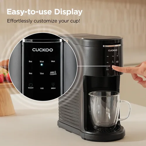 Miniatura 5 de CUCKOO Cafetera de una sola porción para granos molidos K-Cup y té de hojas sueltas, versátil cafetera de cápsulas 3 en 1, pequeña máquina de taza