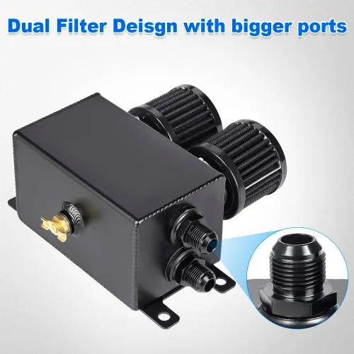 Miniatura 5 de JDMON AN8 1.2L tanque de retención de aceite de motor de doble filtro, tanque grande de depósito de aceite de doble respiradero doble, color negro