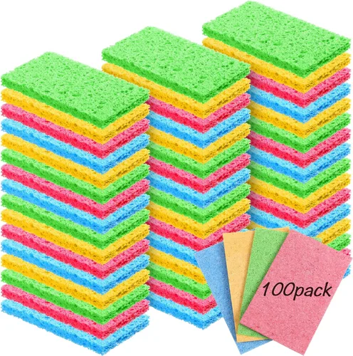 Miniatura 21 de Zhengmy 48 esponjas a granel, esponjas comprimidas de cocina, esponja natural para platos, limpieza de pulpa de madera comprimida sin rayar para Azul