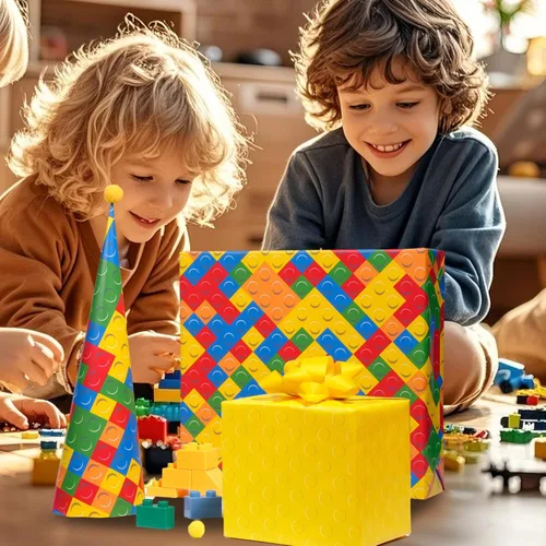 Miniatura 5 de BIOBROWN Papel de Regalo de Bloques de Construcción Reversibles para Niños y Niñas - 17 Pulgadas X 33 Pies - Papel de Regalo con Diseño de Ladrillos