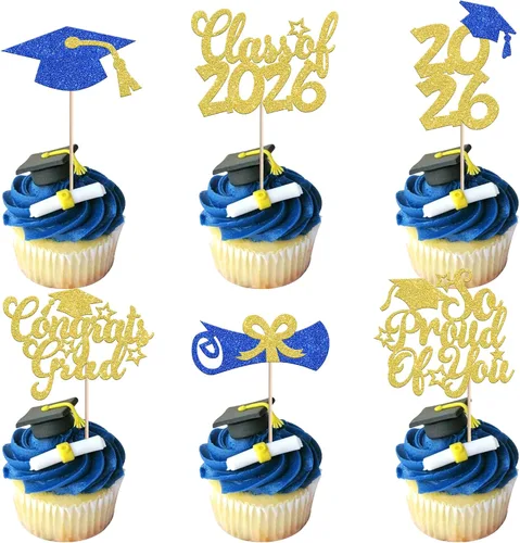 Miniatura 15 de Rsstarxi Paquete de 24 adornos para cupcakes de graduación 2026, con purpurina azul, para la clase de 2026, para diplomas, 24 piezas (6 diseños)