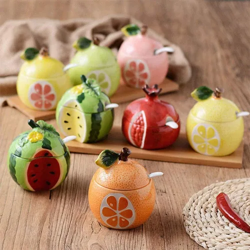 Miniatura 3 de Cerámicas Tazón de Azúcar en Forma de Fruta, Salero, Pimentero, Frasco de Almacenamiento con Tapa y Cuchara, Caja de Condimentos, Ollas de Sandía