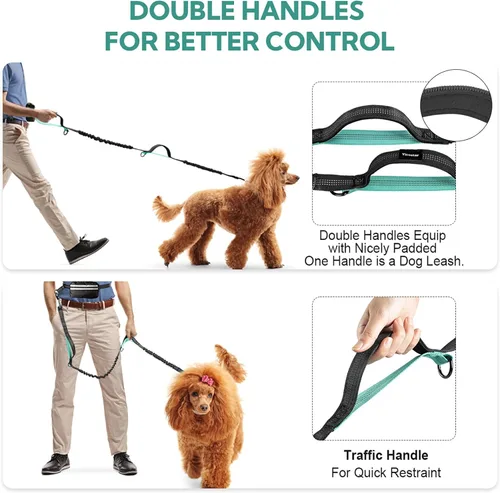 Miniatura 6 de Correa de perro manos libres con bolsa, correa doble para dos perros, elástico retráctil con asas dobles acolchadas, cintura para pasear perros, Rosa