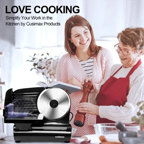 Miniatura 6 de Rebanadora de Carne, CUSIMAX Rebanadora Eléctrica de Embutidos para el Hogar, 2 Cuchillas Extraíbles de Acero Inoxidable de 7.5'' y Empujador, Negro