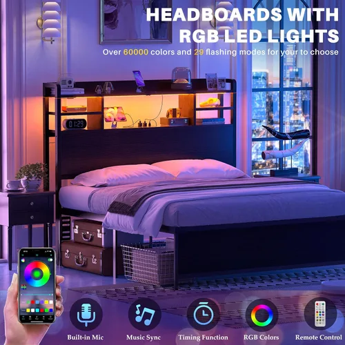 Miniatura 5 de Aheaplus Cabecero para cama de tamaño individual con almacenamiento, cabeceros con luz LED, tomas de corriente, puertos USB, tamaño individual