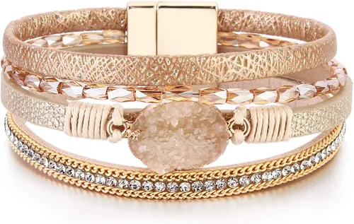FANCY SHINY - Pulsera de cuero estilo bohemio, pulsera de cuentas de cristal con cierre magnético, regalos de joyería para mujer