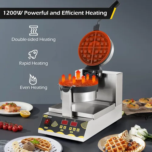 Miniatura 6 de Dyna-Living Máquina de gofres belga comercial inteligente redonda giratoria 180° antiadherente Flip Waffle Iron Machine profesional comercial