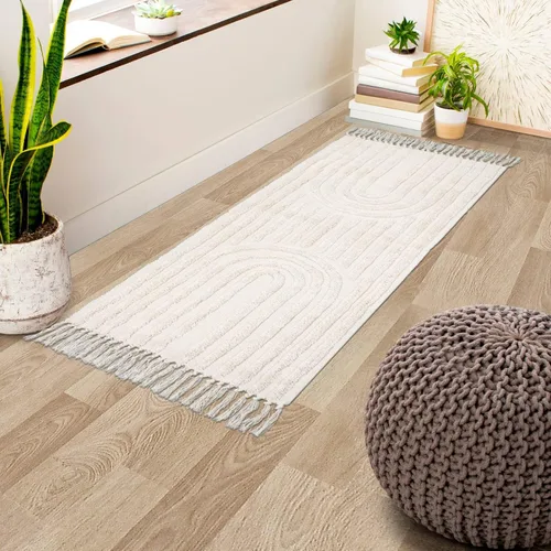 Miniatura 2 de LEEVAN - Alfombra de camino estilo bohemio lavable 2 x 5 pies, tejida en color beige, de algodón para cocina rústica con borlas, alfombra de acento