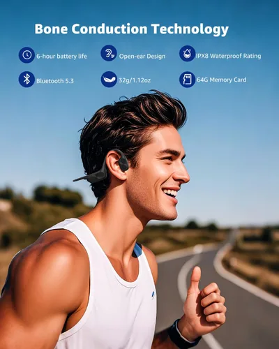 Miniatura 2 de ANOUV Auriculares inalámbricos de conducción ósea incorporados de 64 GB MP3, IPX8, impermeables, para natación, con micrófono, Bluetooth 5.3