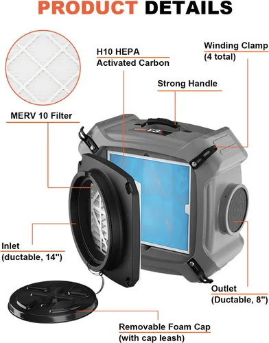 Miniatura 6 de Abestorm Depurador de aire con filtro MERV-10, filtro HEPA/carbón activado para uso comercial/industrial, máquina de filtro de aire negativo