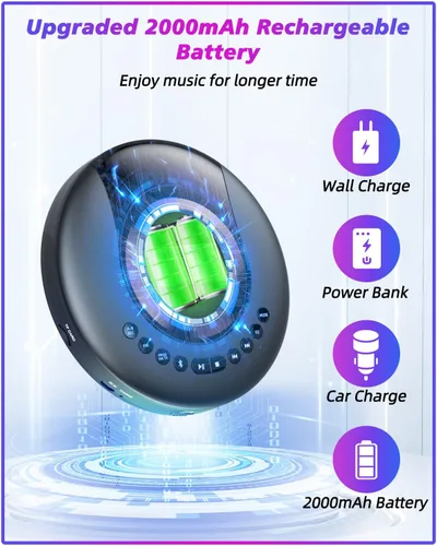 Miniatura 4 de ARAFUNA Reproductor de CD portátil Bluetooth con radio FM, reproductor de CD recargable de 2000 mAh para coche con pantalla LCD, reproductor