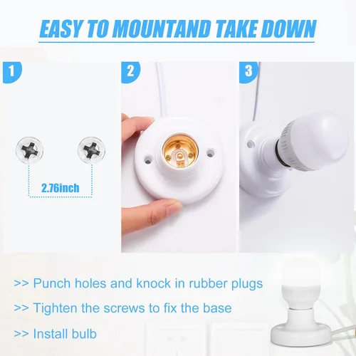 Miniatura 4 de 1 enchufe de luz de 9.84 pies con cable E26/E27 con interruptor de encendido/apagado, extensión de cable de luz colgante, para iluminación