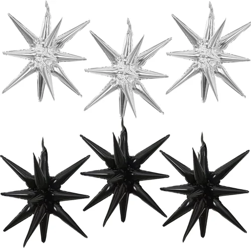 Miniatura 20 de 6 Globos de Papel de Aluminio con Forma de Estrella Negra de Una Pieza, Globo de Estrella de 14 Puntas 4D Cono Starburst de Mylar de 22 Pulgadas