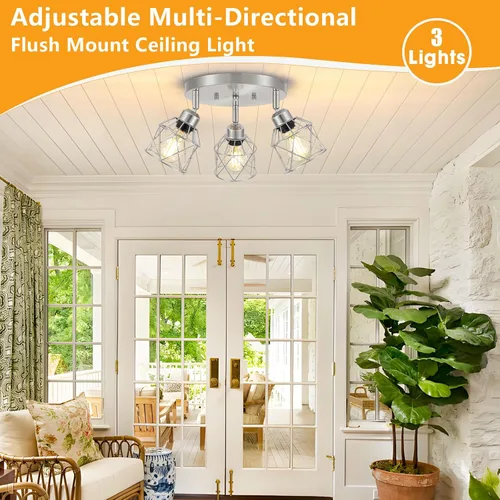 Miniatura 5 de Baocuz Lámpara de techo semiempotrada de níquel cepillado de 3 luces, luminarias de cocina ajustables montaje al techo base E26, luces de techo