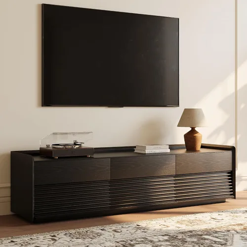 Miniatura 2 de POVISON Soporte de TV moderno de mediados de siglo totalmente ensamblado con luces LED ajustables, consola multimedia de madera, centro