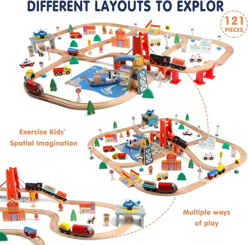 Miniatura 2 de Qilay Juego de tren de madera de 121 piezas con bolsa de almacenamiento, juego de pista de tren de madera Busy Port City para niños a partir de 3