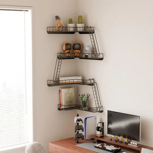 Miniatura 6 de Estante de pared Fire Escape – Estantes de pared esquineros de 4 niveles de estilo urbano moderno, estante de escalera de metal fácil de instalar