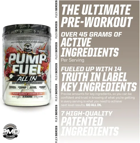 Miniatura 5 de PMD Sports Pump Fuel All in Insanity, Polvo Pre-Entreno Definitivo y Bomba Muscular, Energía de Máxima Fuerza, Concentración, Resistencia