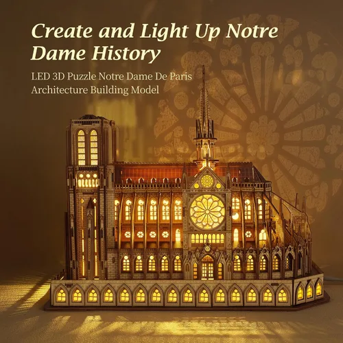 Miniatura 2 de FUNPOLA Rompecabezas 3D de Madera LED - Modelo de Arquitectura de Notre Dame de París Edición Nocturna con Iluminación LED - Kit de Artesanía