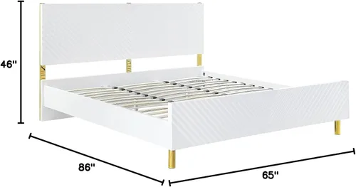 Miniatura 2 de Gaines - Cama Queen con marco de madera y patas doradas, no requiere somier, acabado blanco de alto brillo (marco de cama, Queen)