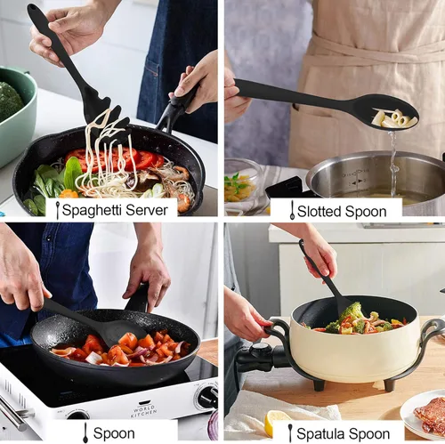 Miniatura 5 de LIANYU Juego de utensilios de cocina de silicona negra de 12 piezas con soporte, herramientas de cocina que incluyen espátula ranurada, cuchara