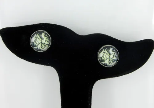 Miniatura 3 de Pendientes de cristal con estampado de montaña nevada y estrellas de luna y cielo nocturno, 0.472 in, negro, blanco, amarillo