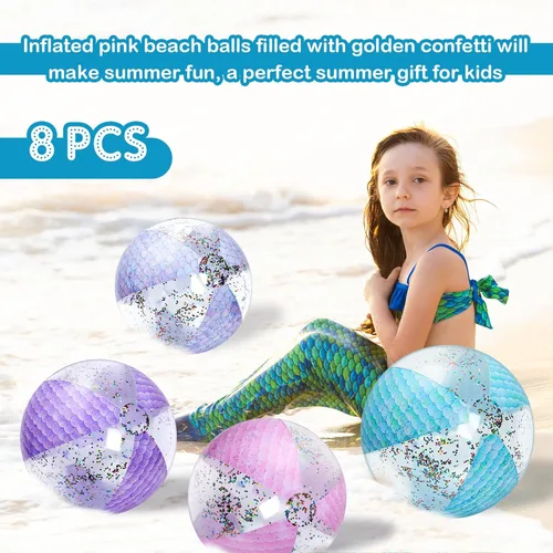 Miniatura 5 de Honoson Bola de playa de sirena de 16 pulgadas, bola de playa inflable gigante con purpurina, bola de playa con purpurina, regalos de fiesta