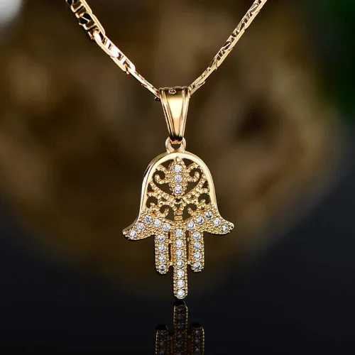 Miniatura 7 de Barzel Collar de cadena plano chapado en oro de 18 quilates Mariner/Marina 060 3MM con colgante de mano Hamsa