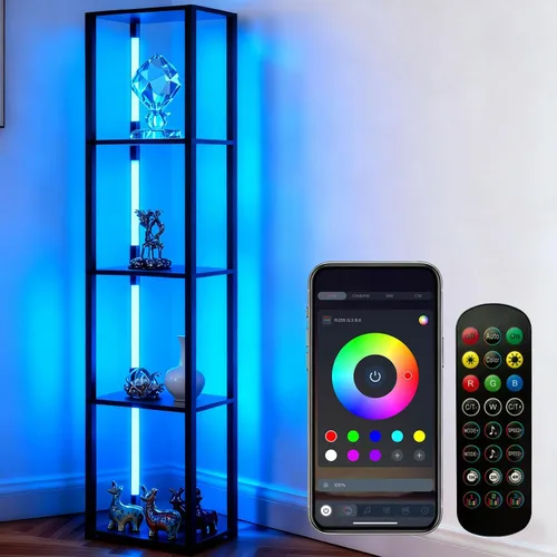 Miniatura 12 de RGBCW - Lámpara de pie con estantes, lámpara de pie LED inteligente moderna con sincronización de música, lámpara de estante de esquina que cambia