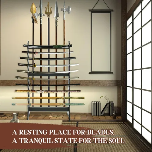 Miniatura 5 de Leinuosen Estante grande de exhibición de espadas de pie, con capacidad para hasta 10 espadas samurái, soporte de katana de 10 capas con 5 agujeros