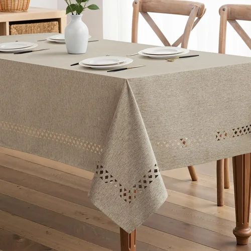 Miniatura 10 de MIULEE Mantel redondo de poliéster de lino beige con recortes decorativos, impermeable, resistente a las manchas y al encogimiento, 60 x 60
