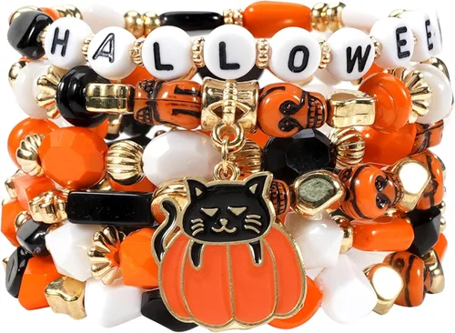 Miniatura 29 de Ardorchid Pulseras de Halloween para Mujeres Calabaza Fantasma Esqueleto Murciélago Calavera con Cuentas Apilables Elásticas Rugby Acción de Gracias