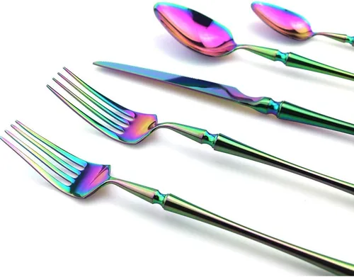 Miniatura 2 de JASHII Juego de cubiertos de titanio de lujo de 6 piezas de acero inoxidable 18/10 pulido de espejo de arco iris cubiertos incluye tenedor cuchillo