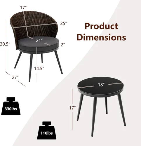 Miniatura 5 de Tangkula Juego de 3 piezas de ratán para patio, juego de conversación de mimbre para exteriores con 2 cojines de asiento, mesa de vidrio templado