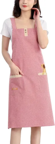 Miniatura 11 de NEWGEM Delantal 100% algodón con espalda cruzada para mujer con 2 bolsillos, correas de botón ajustables, sin dolor de cuello, delantal de chef