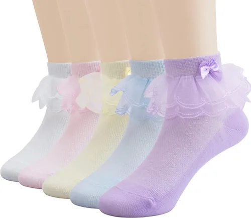 Miniatura 8 de Looching Calcetines de encaje con volantes para niñas pequeñas, de algodón, con volantes, con lazo, paquete de 5