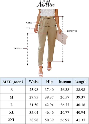 Miniatura 6 de NIMIN Pantalones sueltos casuales para mujer, cómodos, de trabajo, recortados con bolsillos, elásticos, de cintura alta, estilo paper bag