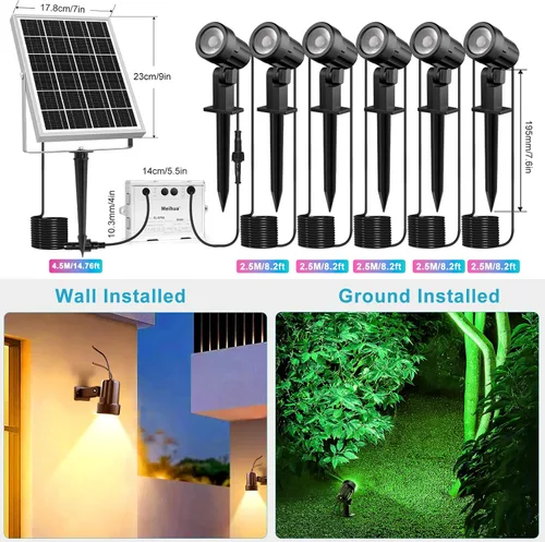 Miniatura 6 de MEIHUA Focos solares que cambian de color para exteriores, 6 en 1, iluminación solar de paisaje, focos RGB con control remoto, IP66, luces solares