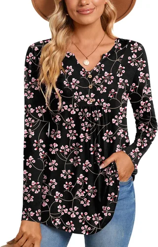 Miniatura 2 de CATHY Blusa tipo túnica de manga larga para mujer, cuello en V, con botones, informal, plisada, básica
