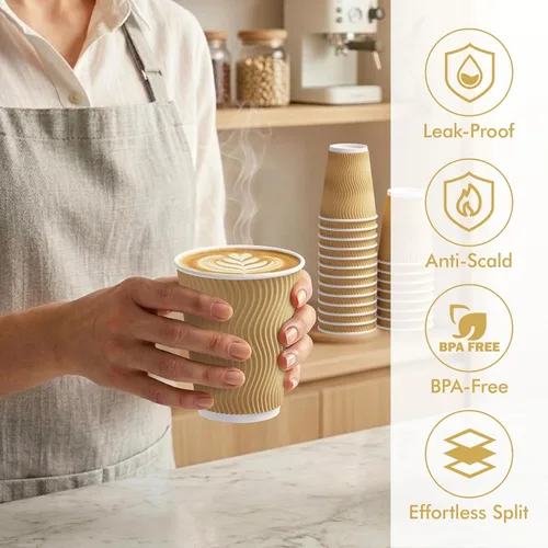 Miniatura 4 de 80 tazas de café de 12 onzas, tazas de papel de pared con aislamiento ondulado, tazas de papel a prueba de fugas para café, té, cacao, perfectas