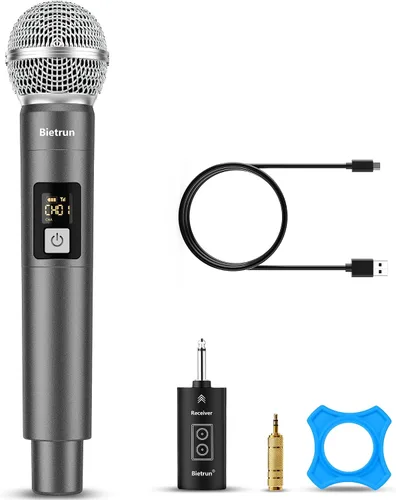 Bietrun - Micrófono inalámbrico, juego de micrófonos de mano dinámicos de metal UHF con receptor recargable, salida de 1/4 de pulgada, para karaoke,