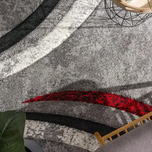 Miniatura 3 de Paco Home Alfombra de diseño con corte de contorno a rayas modelo en mezcla de gris, negro y rojo, tamaño: 3 pies 11 pulgadas x 5 pies 7 pulgadas