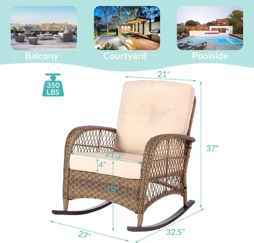 Miniatura 5 de MEETWARM Mecedora de mimbre para exteriores, sillas mecedoras de ratán para patio con cojines y respaldo alto, silla de mimbre para patio para todo